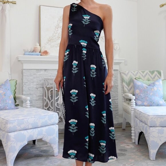 Ann Taylor Silk Navy Floral One Shoulder Dress - Picture 3 of 8